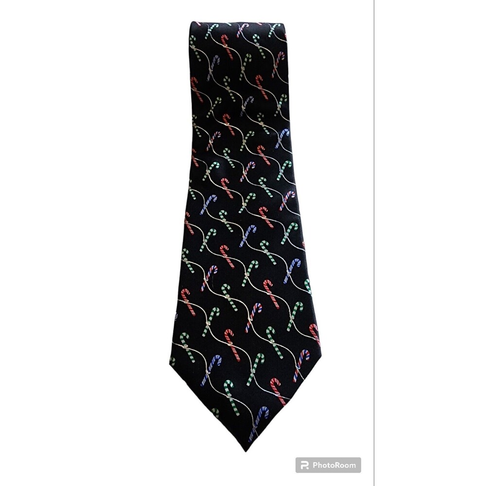 100% Silk Necktie Christmas Candy Cane by Holidays - Black with Multicolor Canes